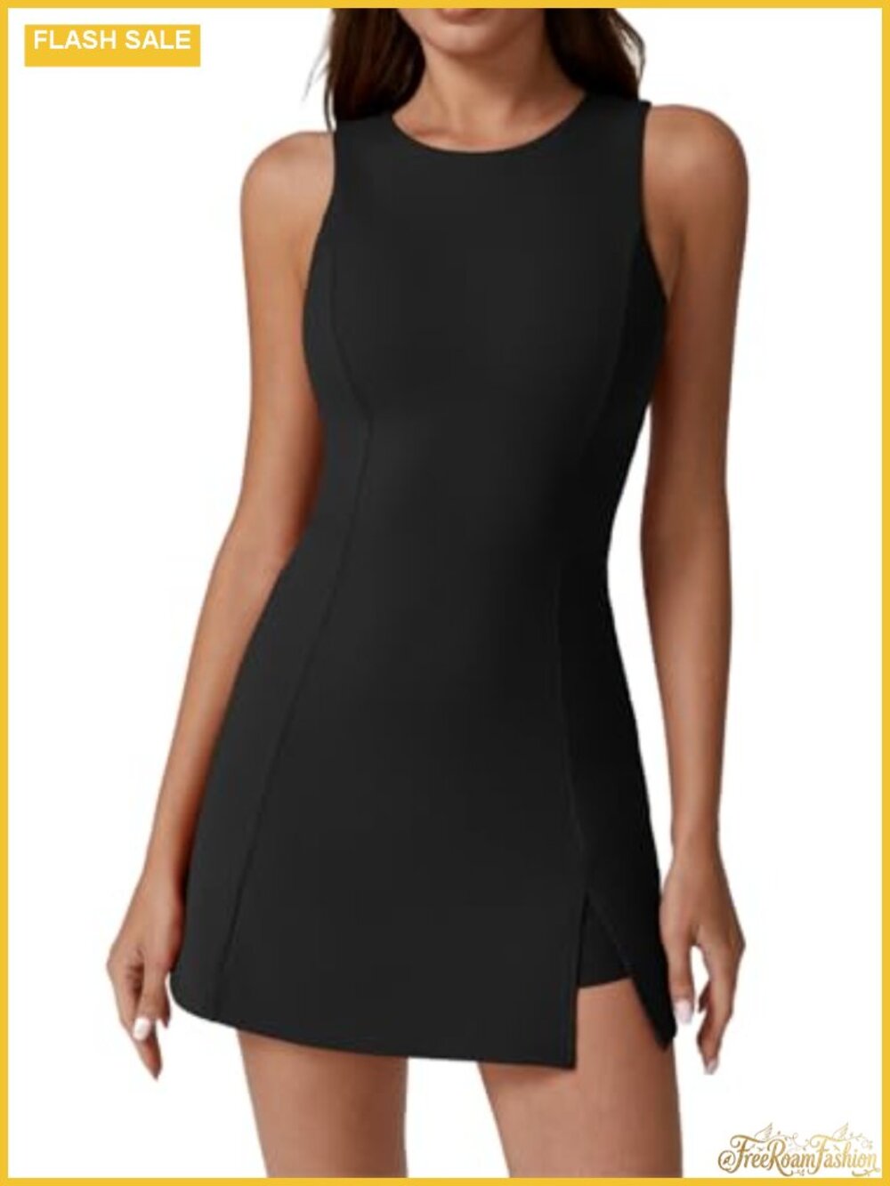Crew Neck Tennis Dress with Built-in Shorts, Pockets, Side Slit, Athletic